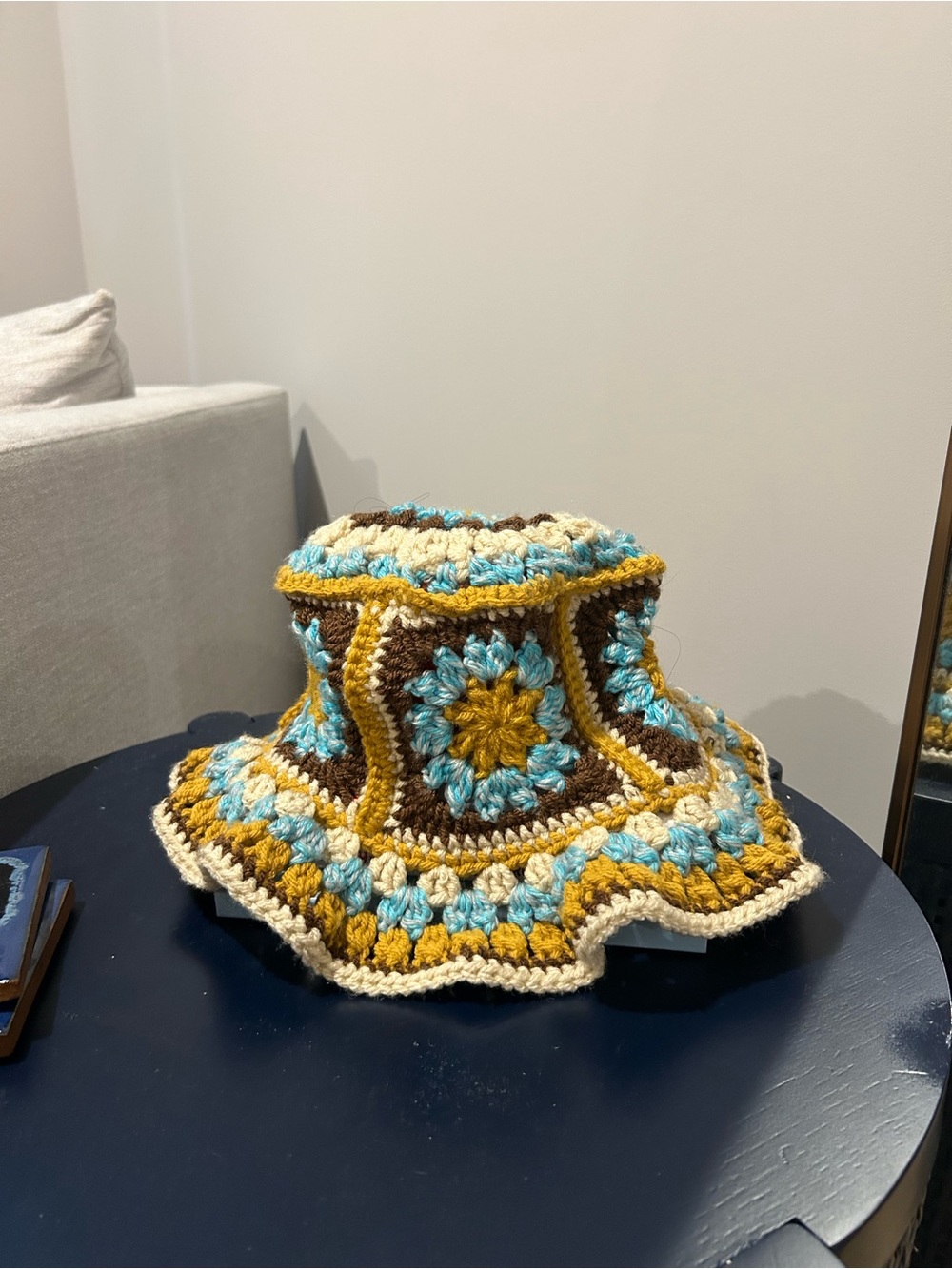 Handmade Crocheted Bucket Hat in Teal, Mustard & Brown